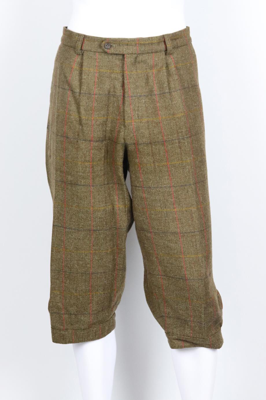 William & Son men's checked wool blend tweed pants. Brown, red, yellow and blue. Button and zip fastening at front. 100% Wool; lining: 100% viscose. Size: XXLarge (IT 54, EU 54, UK/US Waist 38). Waist: 37 in. Hips: 48.4 in. Length: 30 in. Inseam: 19