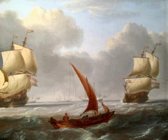 18th century Dutch warships at sea off with fishing boats in full sail