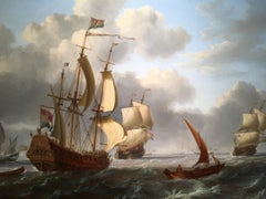 18th century Dutch warships at sea off with fishing boats in full sail