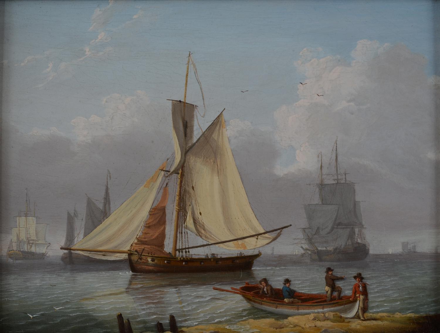 Maritimes Ölgemälde des achtzehnten Jahrhunderts mit Schiffen und Figuren im Hafen