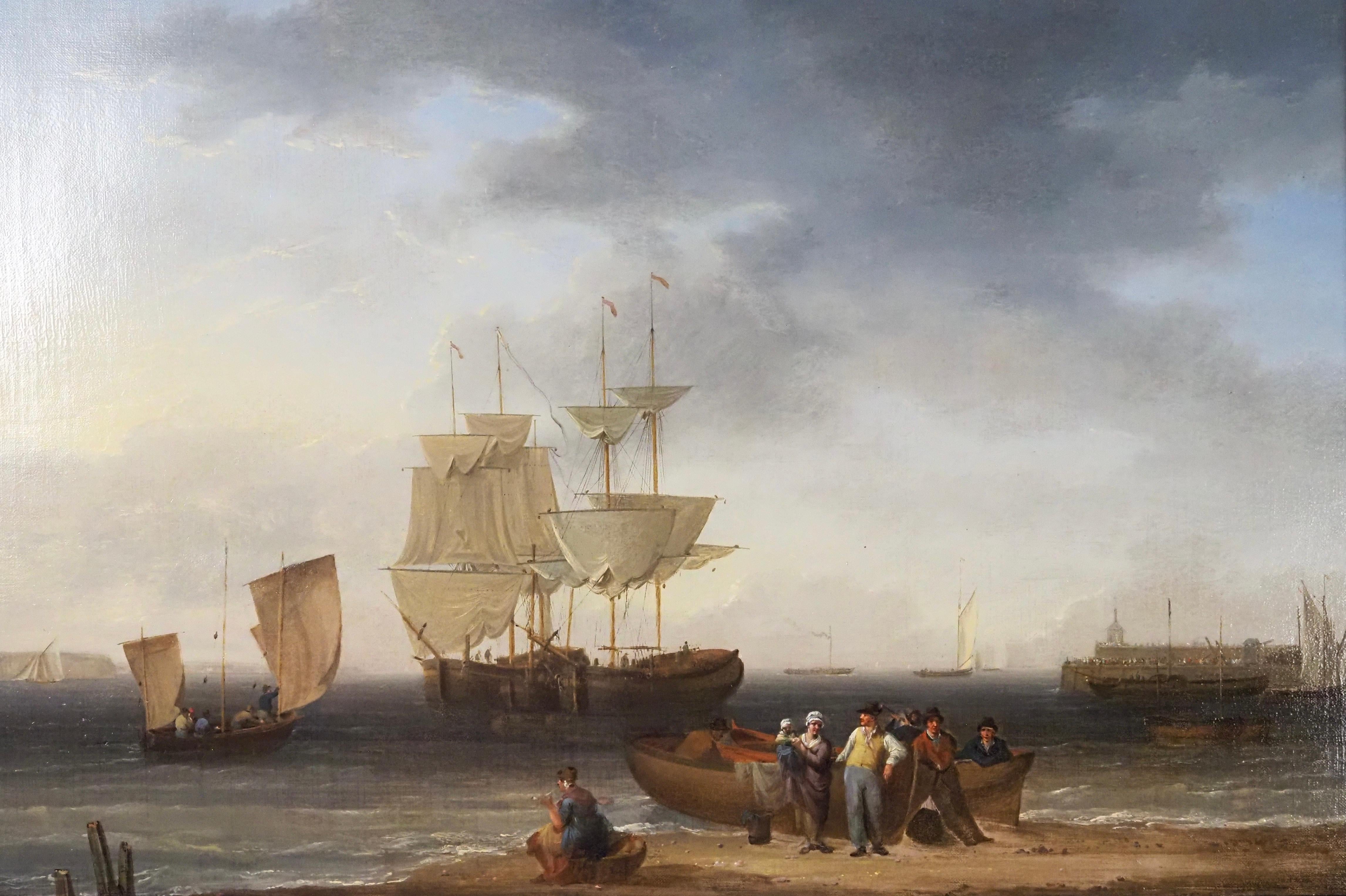 Figure che scaricano una barca durante la bassa marea, al largo di Margate - Painting di William Anderson