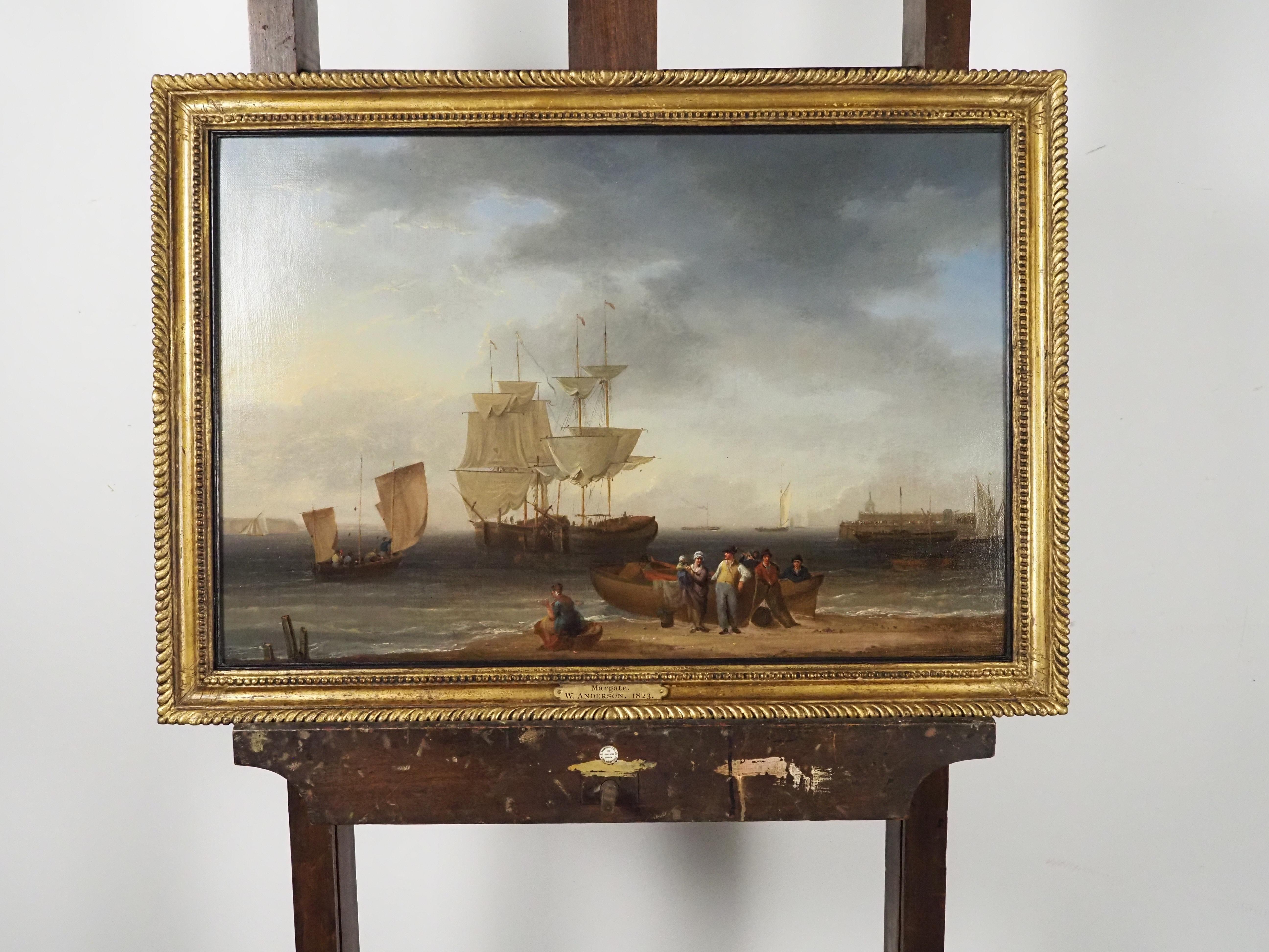 Figure che scaricano una barca durante la bassa marea, al largo di Margate - Painting Vittoriano di William Anderson