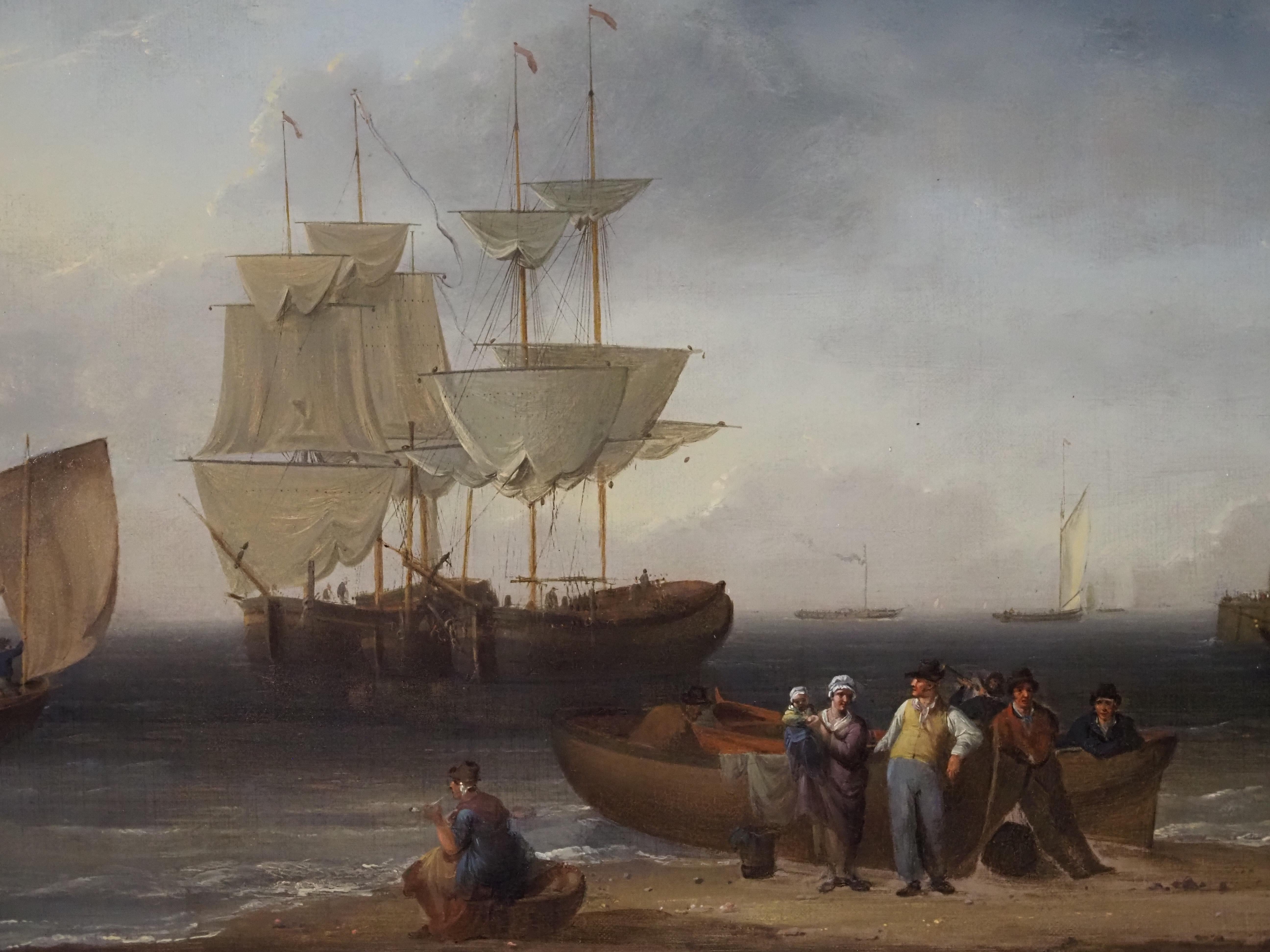 Figure che scaricano una barca durante la bassa marea, al largo di Margate - Landscape Painting Marrone di William Anderson