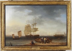 Figure che scaricano una barca durante la bassa marea, al largo di Margate