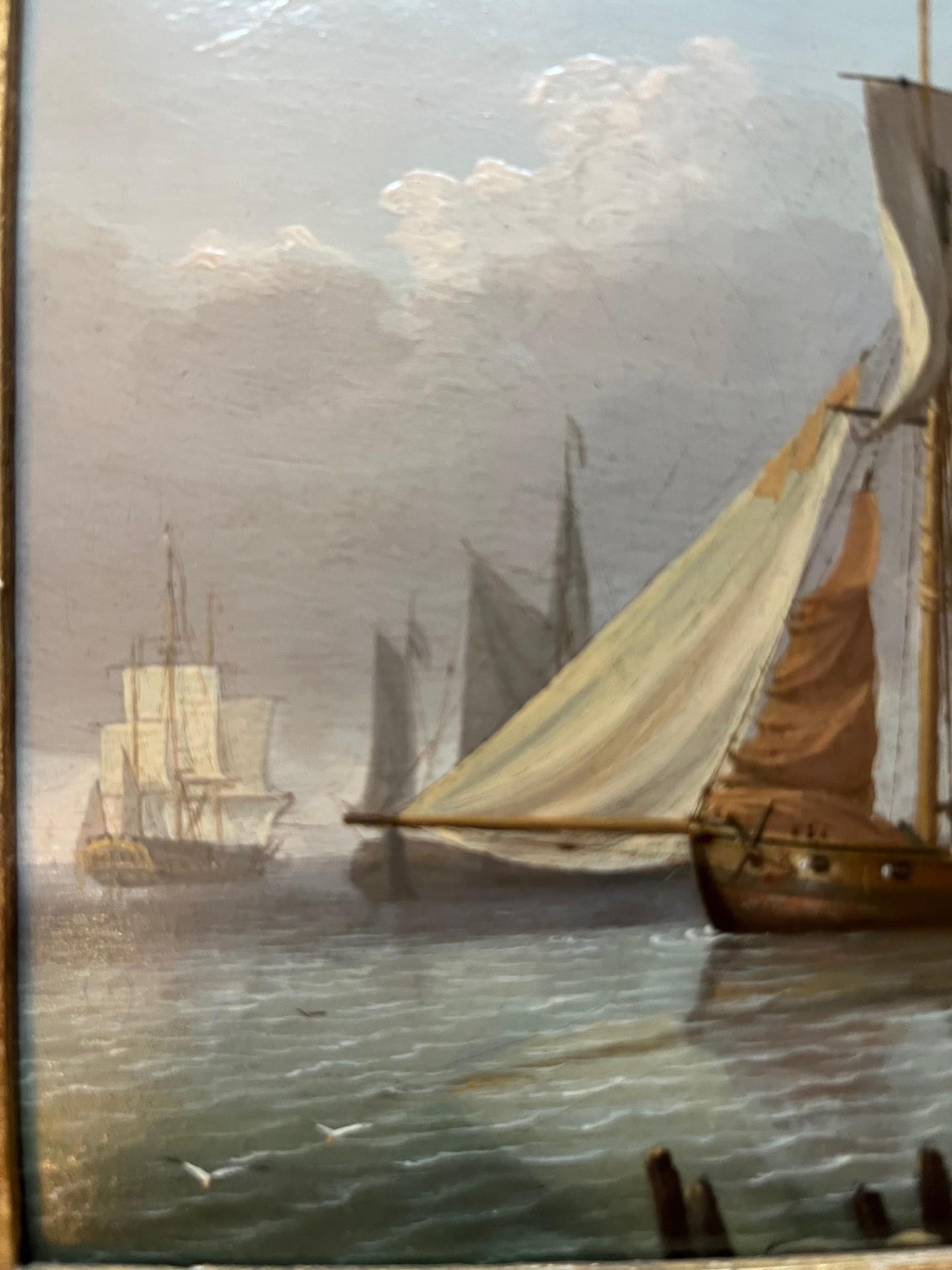 Georgian Victorian Marine Oil Painting Shipping Scene possibly Isle of Wight For Sale 2