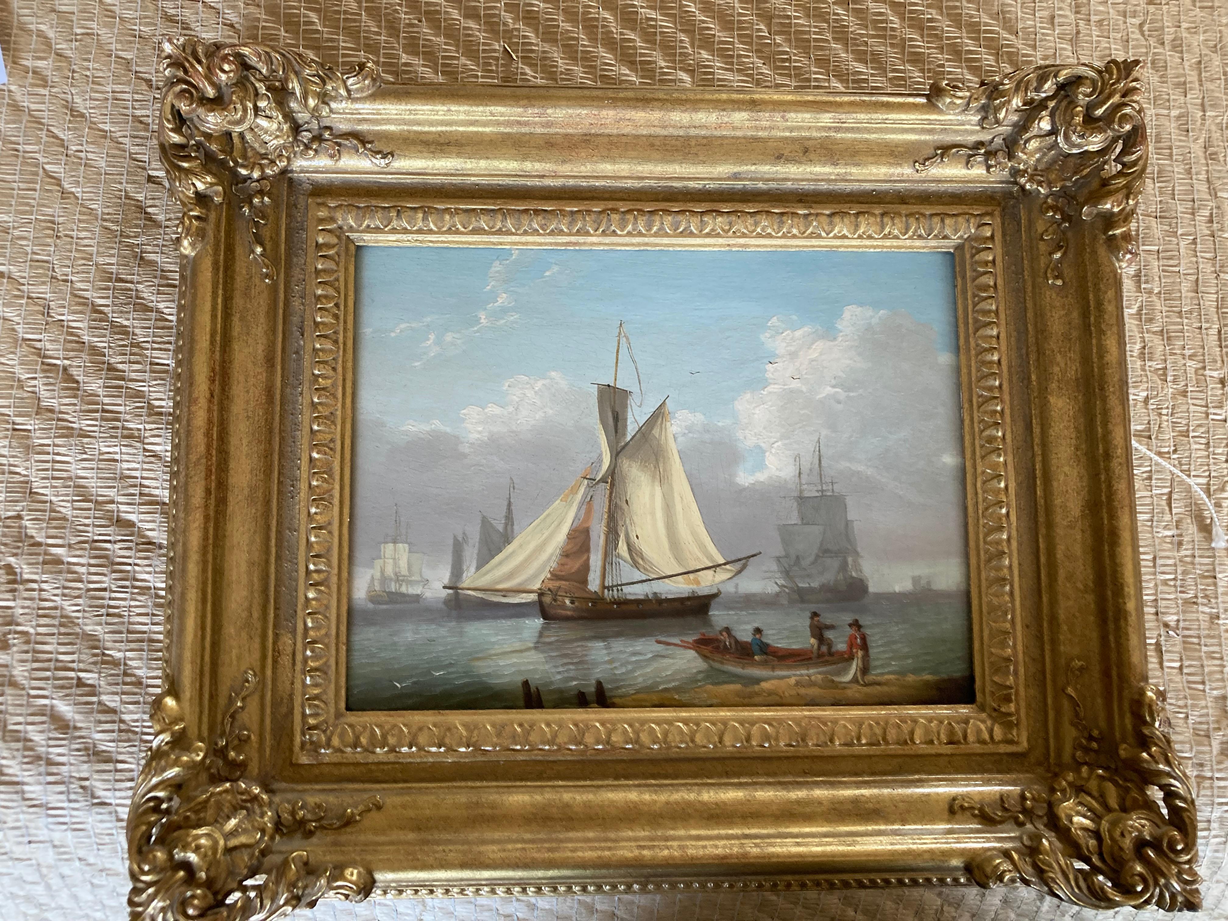 Georgian era busy shipping scene with figures framed Oil possibly Isle of Wight - Painting by William Anderson