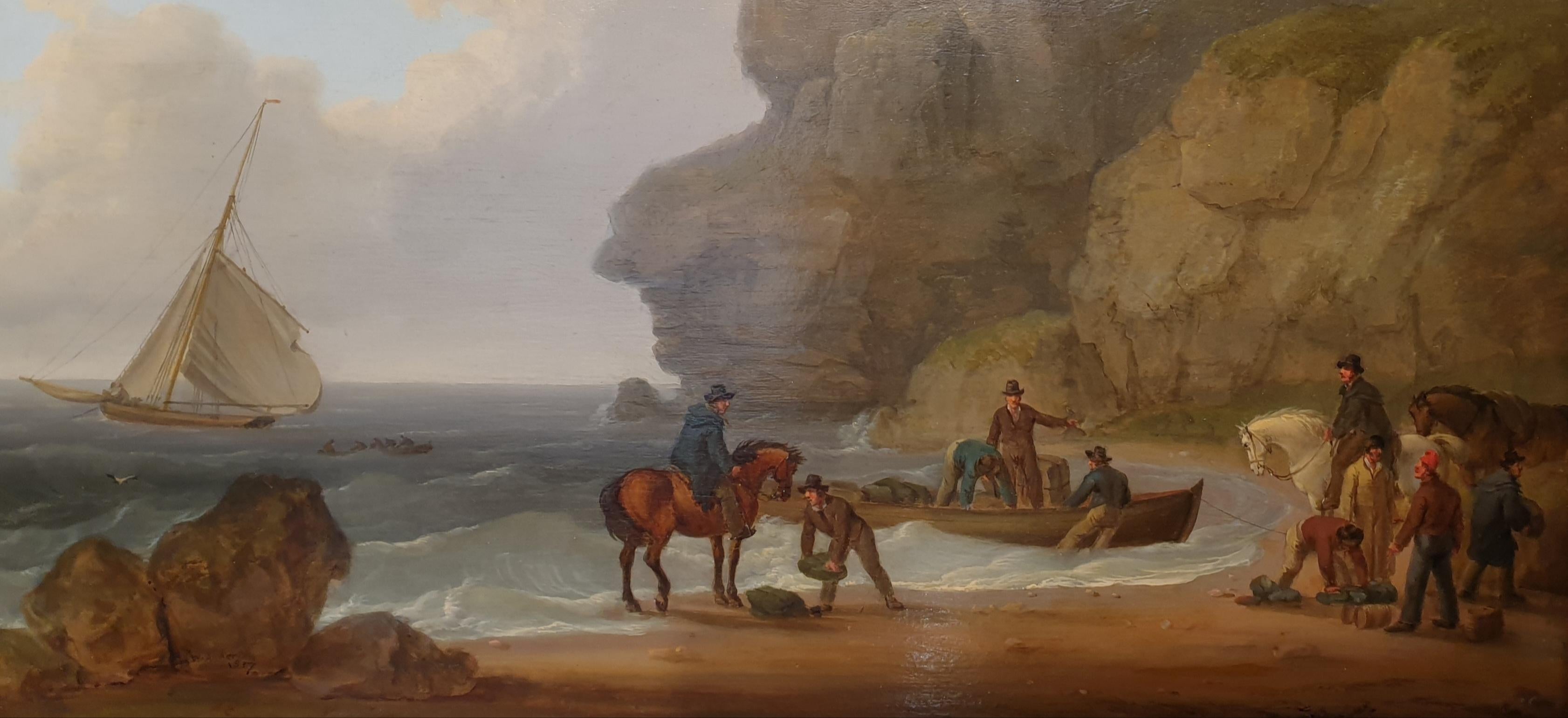 Marine painting sea shore smugglers boat scotttish 19th - Romantic Painting by William Anderson