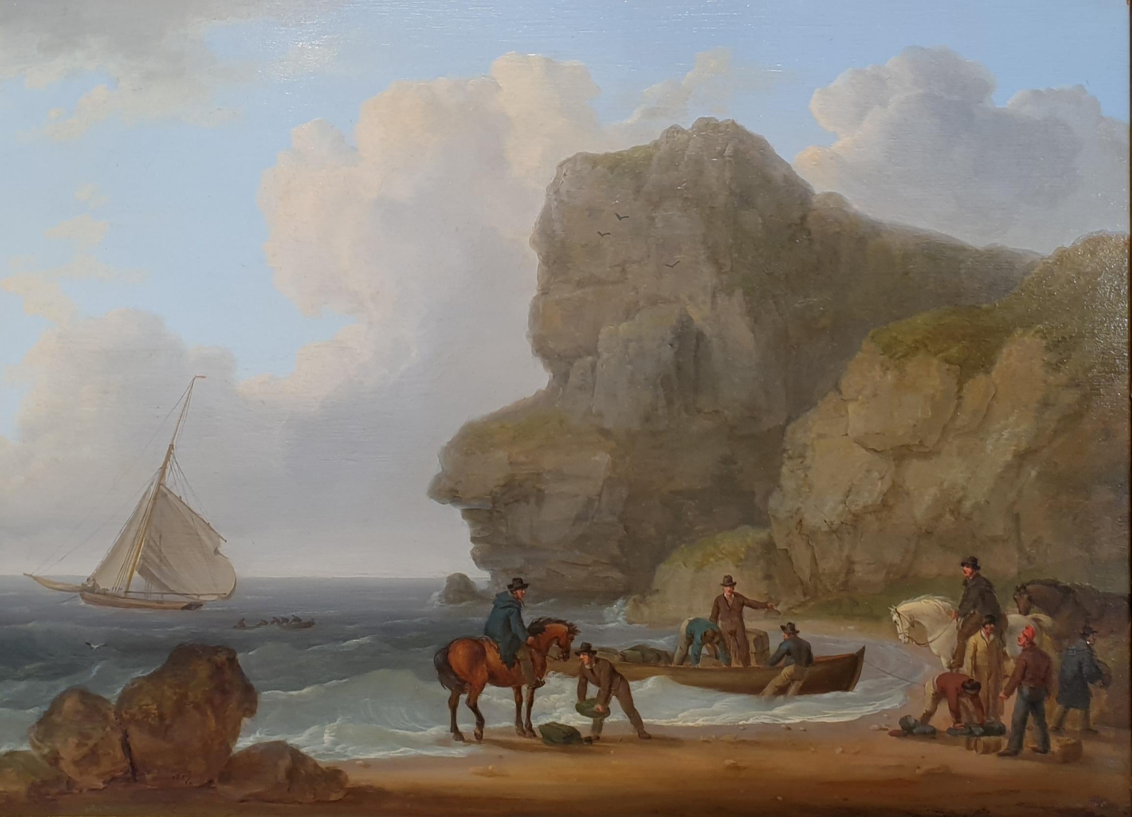 Peinture marine bord de mer bateau de contrebandiers écossais 19ème - Marron Landscape Painting par William Anderson