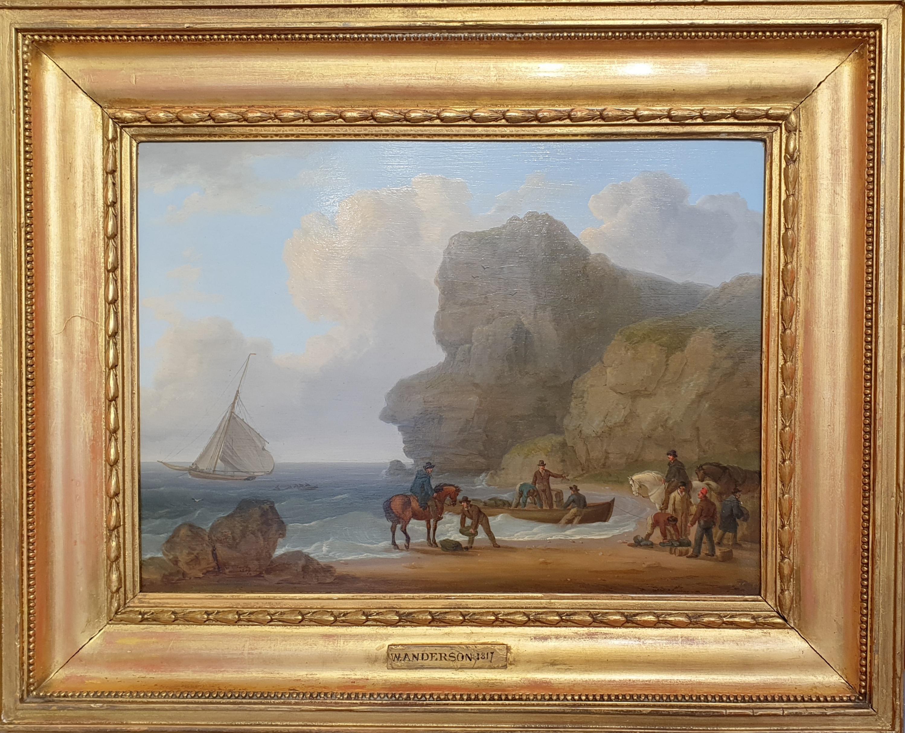Landscape Painting William Anderson - Peinture marine bord de mer bateau de contrebandiers écossais 19ème