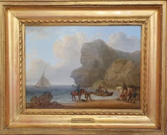 Peinture marine bord de mer bateau de contrebandiers écossais 19ème