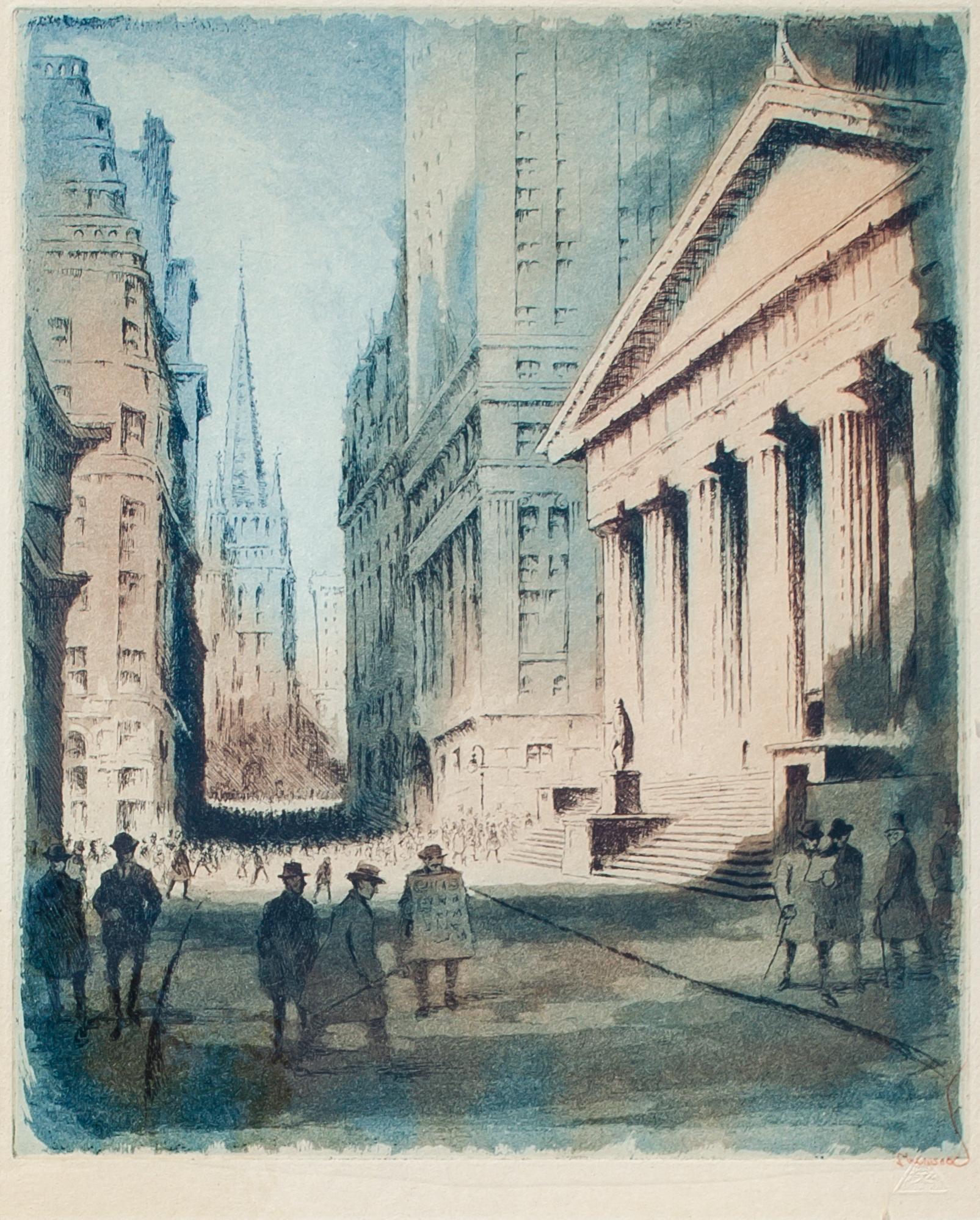 William Anderson Sherwood (American, 1875-1951)
New York Stock Exchange, Early 20th century
Etching and aquatint
Sight: 16 1/4 x 13 in.
Framed: 23 1/2 x 21 1/2 x 1 in.
Artist monogram in plate lower right
Signed 'Sherwood' lower right

This
