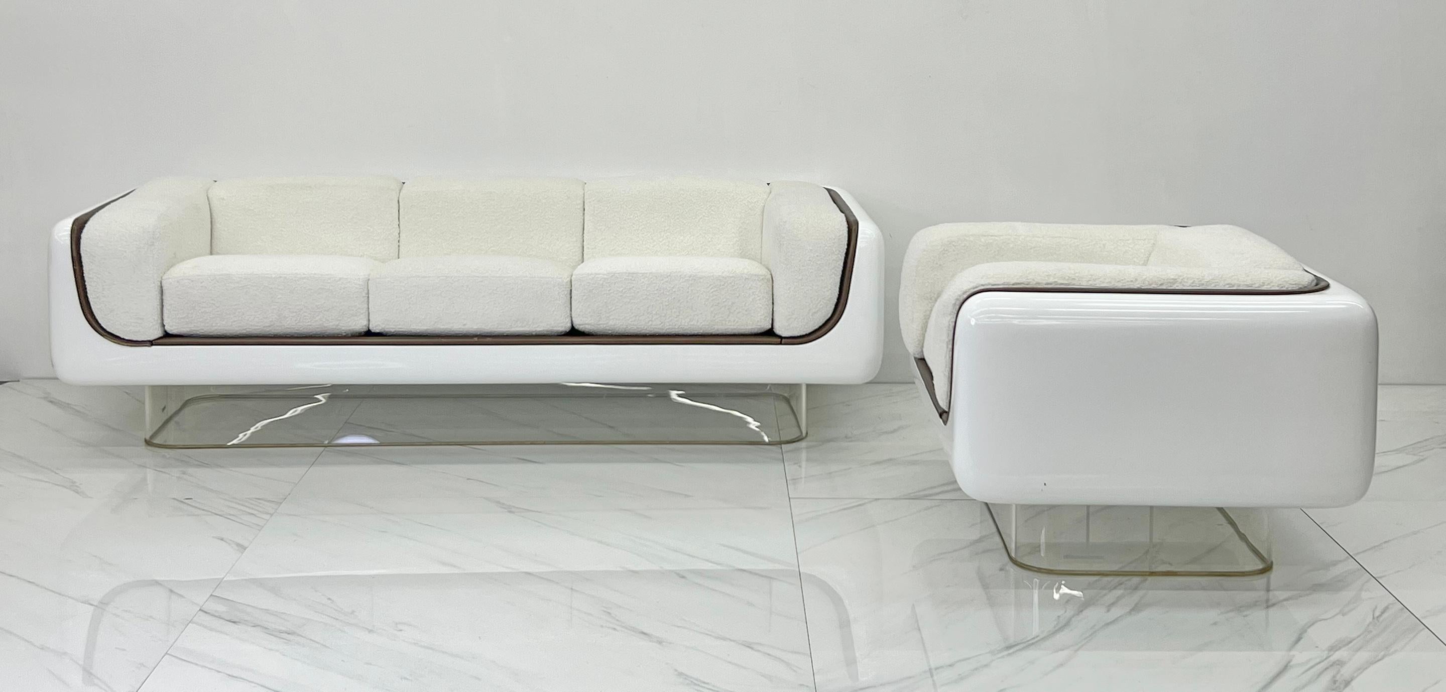 William Andrus for Steelcase Space Age, Sofa, White Bouclé and Leather, 1970s 1