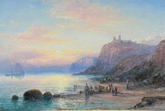 Antique British Marine Oil Painting Tantallon Castle Scotland Coastal Sunset