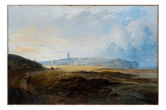 Coastal Town Oil Painting on Canvas, likely Dover Castle, Late 19th Century