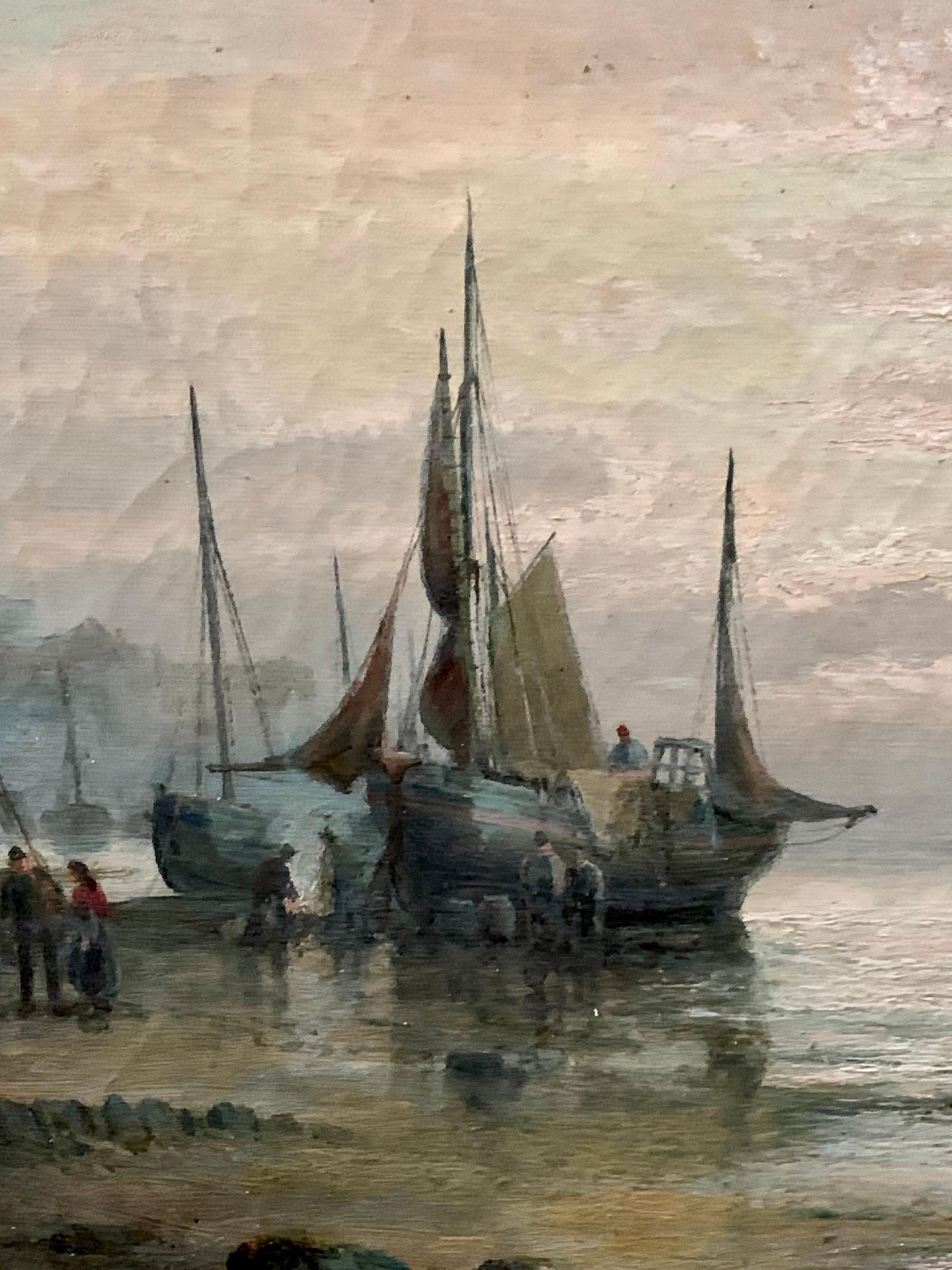 English 19th C Victorian boating scene with fishing boats in the English Channel - Painting by William Anslow Thornley