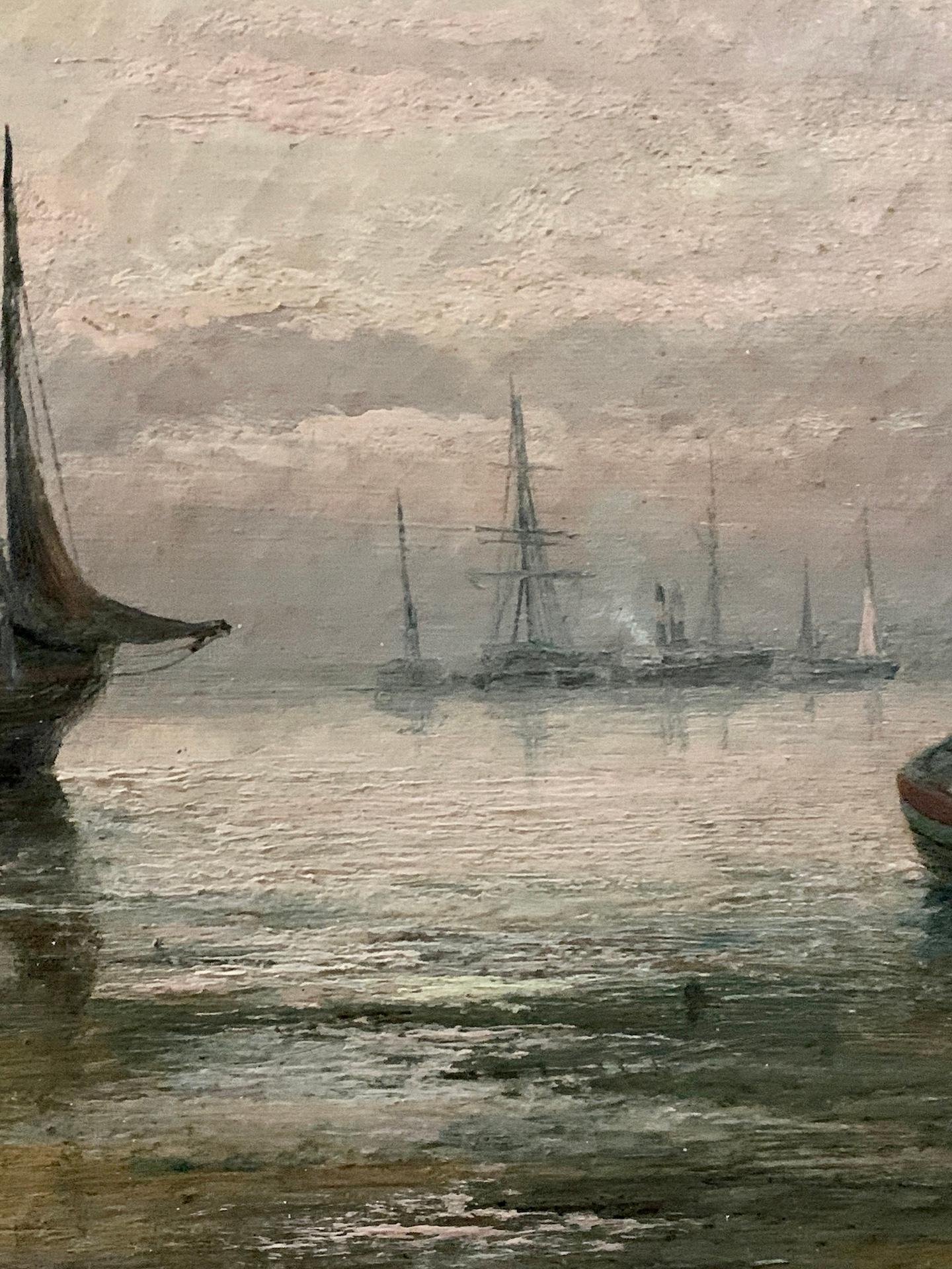Scena nautica vittoriana del XIX secolo con barche da pesca nel Canale della Manica - Painting Vittoriano di William Anslow Thornley