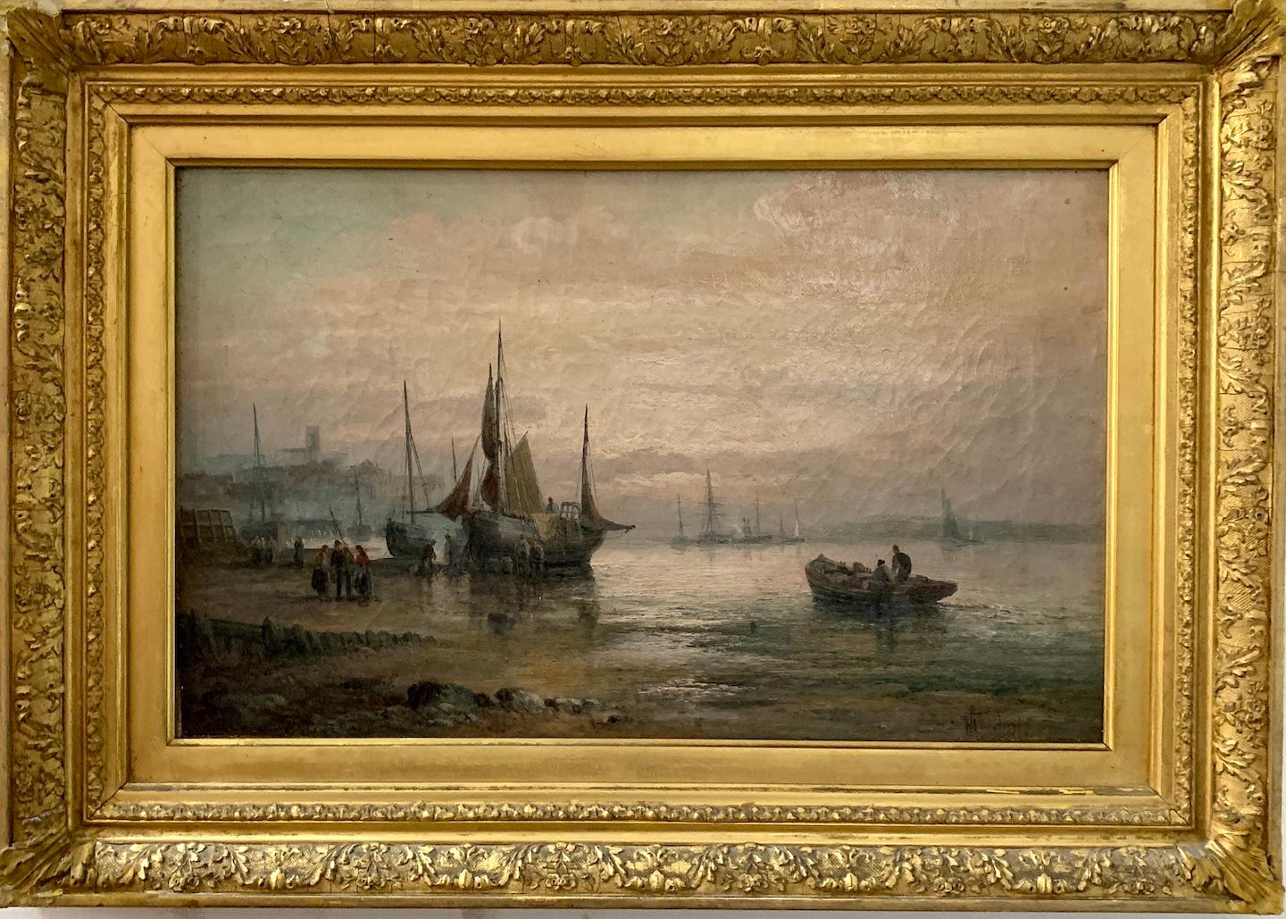 William Anslow Thornley Landscape Painting - English 19th C Victorian boating scene with fishing boats in the English Channel
