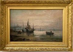 English 19th C Victorian boating scene with fishing boats in the English Channel