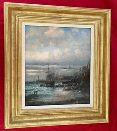 Antique English 19thC Victorian Shipping scene with fishing boats in the English Channel