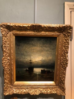 Fishermen smoking Fish on the Shore by Moonlight Framed Antique Oil painting