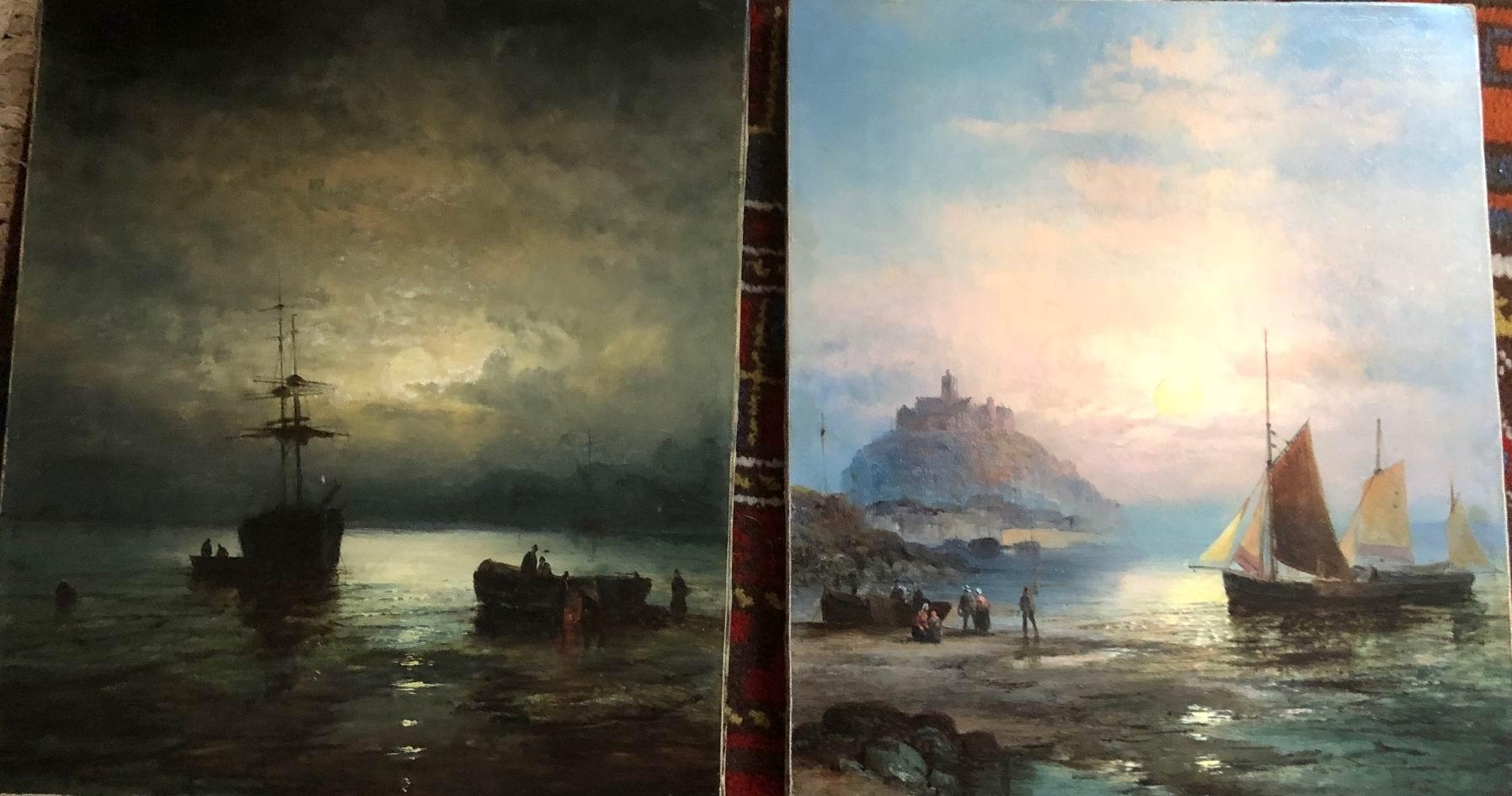 Pescatori che affumicano il pesce sulla riva al chiaro di luna Dipinto a olio antico incorniciato - Painting Vittoriano di William Anslow Thornley