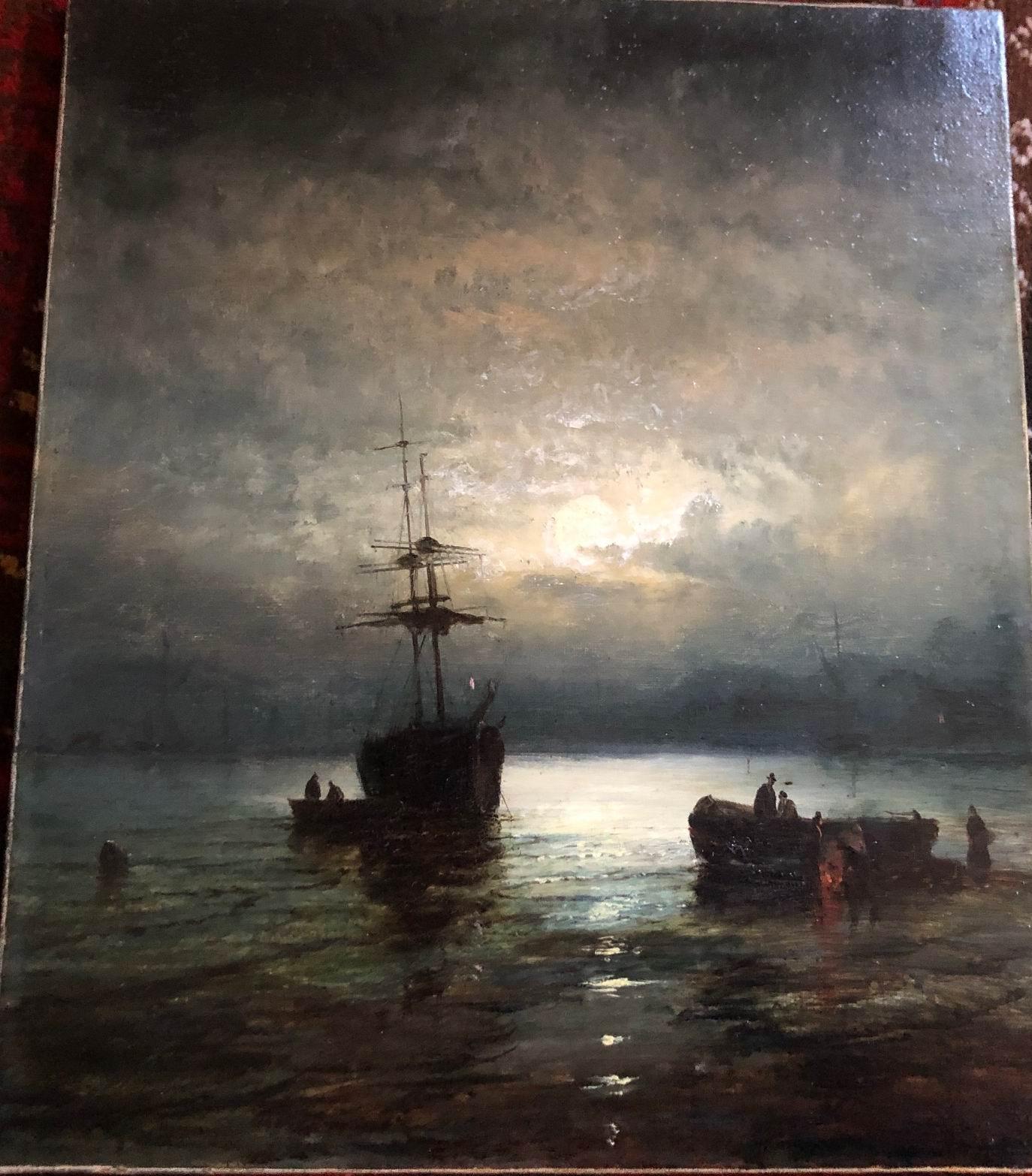 William Anslow Thornley Landscape Painting - Fishermen smoking Fish on the Shore by Moonlight Framed Antique Oil painting