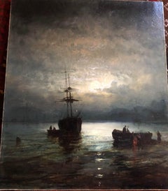 Fishermen smoking Fish on the Shore by Moonlight Framed Antique Oil painting