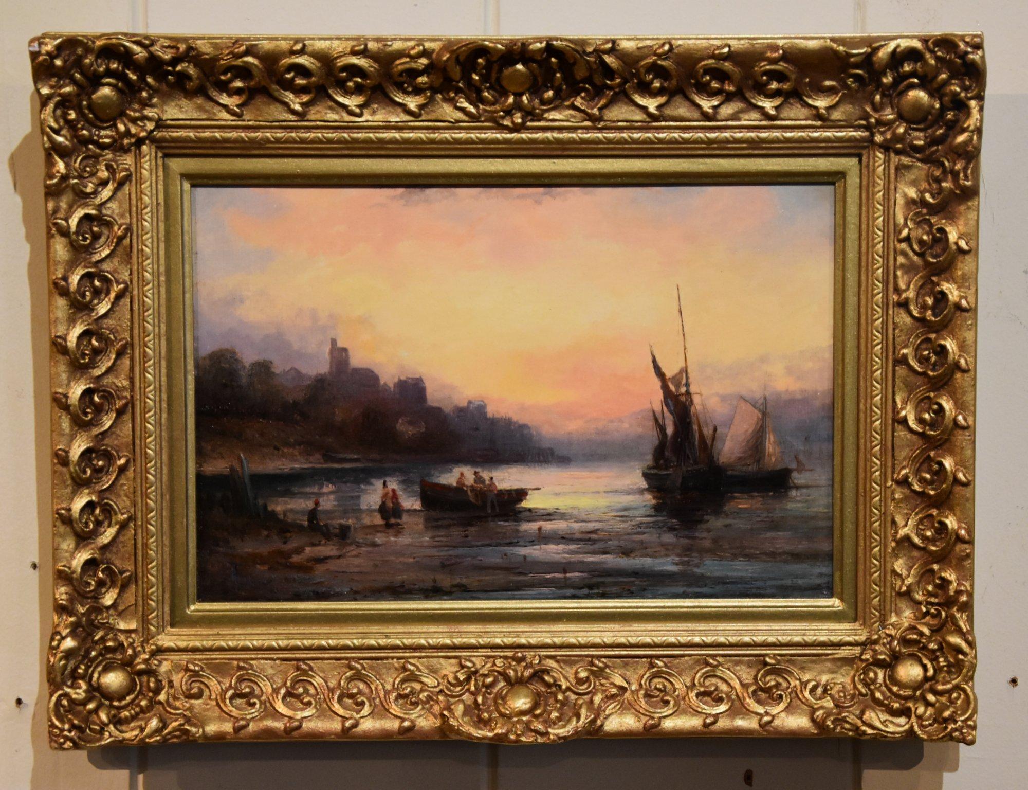 Pittura a olio di William Anslow Thornley  "Tramonto, bassa marea"  che fiorì tra il 1858 e il 1904. Pittore popolare di marine costiere, ha vissuto nel Kent e ha esposto a Londra, Birmingham e Dublino. Olio su tela. Titolo firmato verso Shropshire
