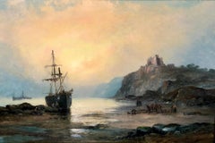 Antique St Michael's Mount, and Tantallon Castle - a pair of coastal oil paintings