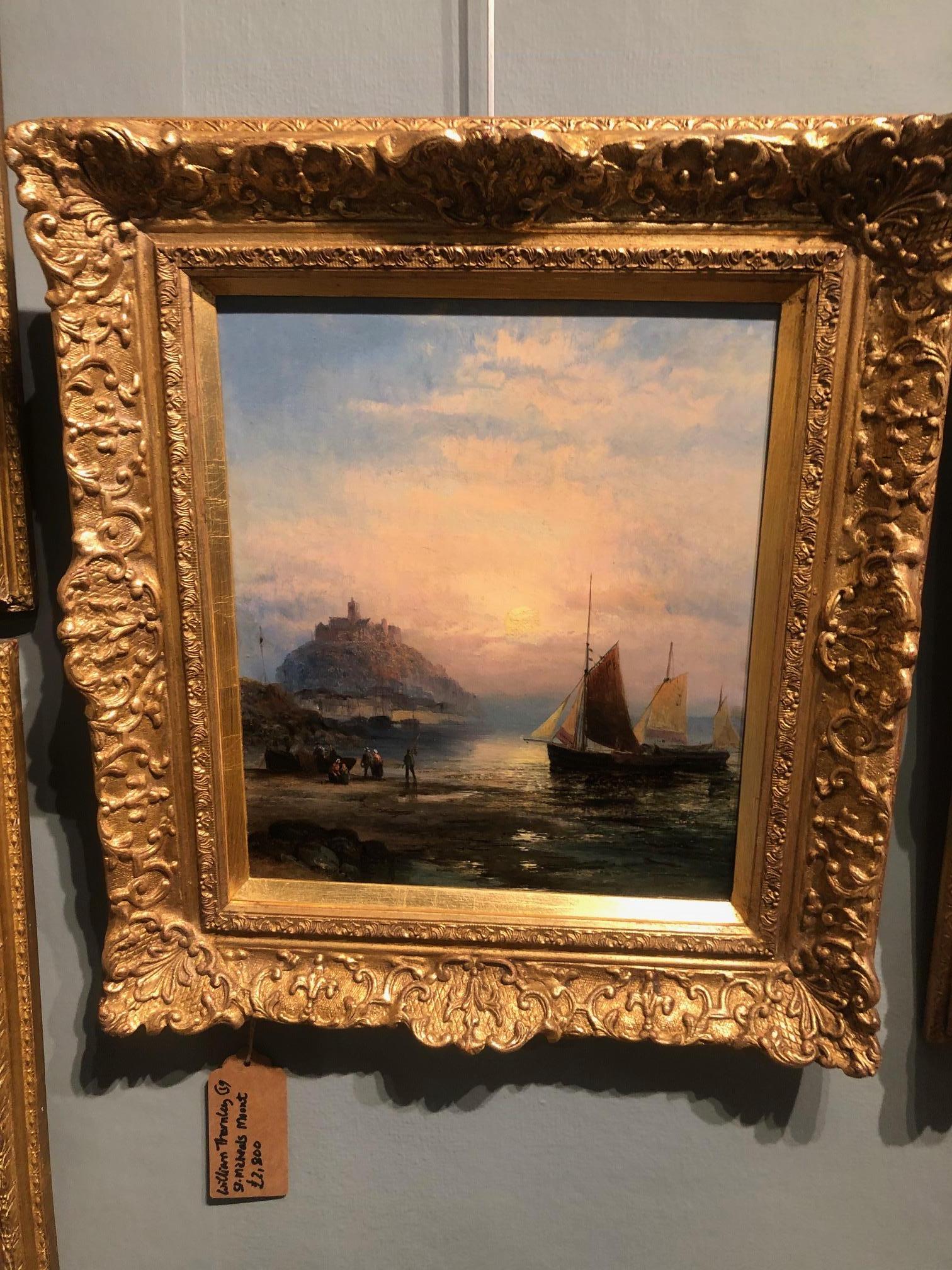 St. Michaels Mount, Cornovaglia Barche da pesca al crepuscolo - Quadro ad olio antico incorniciato - Art Vittoriano di William Anslow Thornley