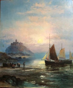 Peinture à l'huile ancienne encadrée « St. Michaels Mount, Cornouailles de pêche au crépuscule »