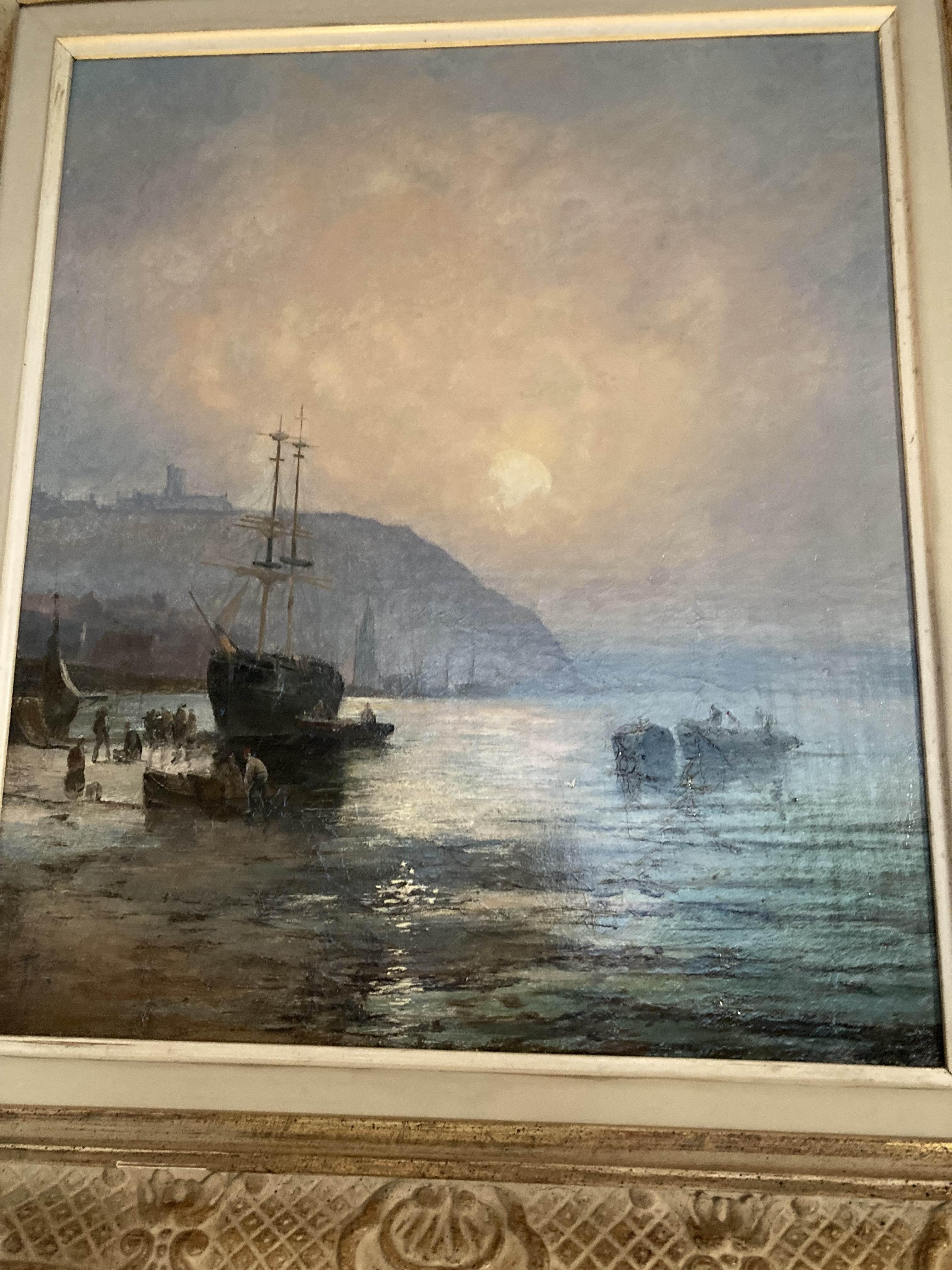"Ships in the Sunset off Whitby Coast" Oil Painting - Art by William Anslow Thornley
