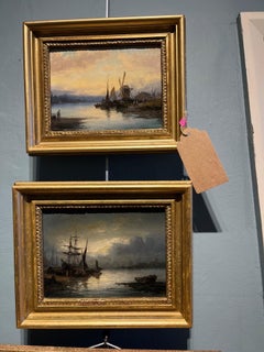 Victorian Marine 19th Century Pair of Oil Paintings Shipping at Dawn and Dusk