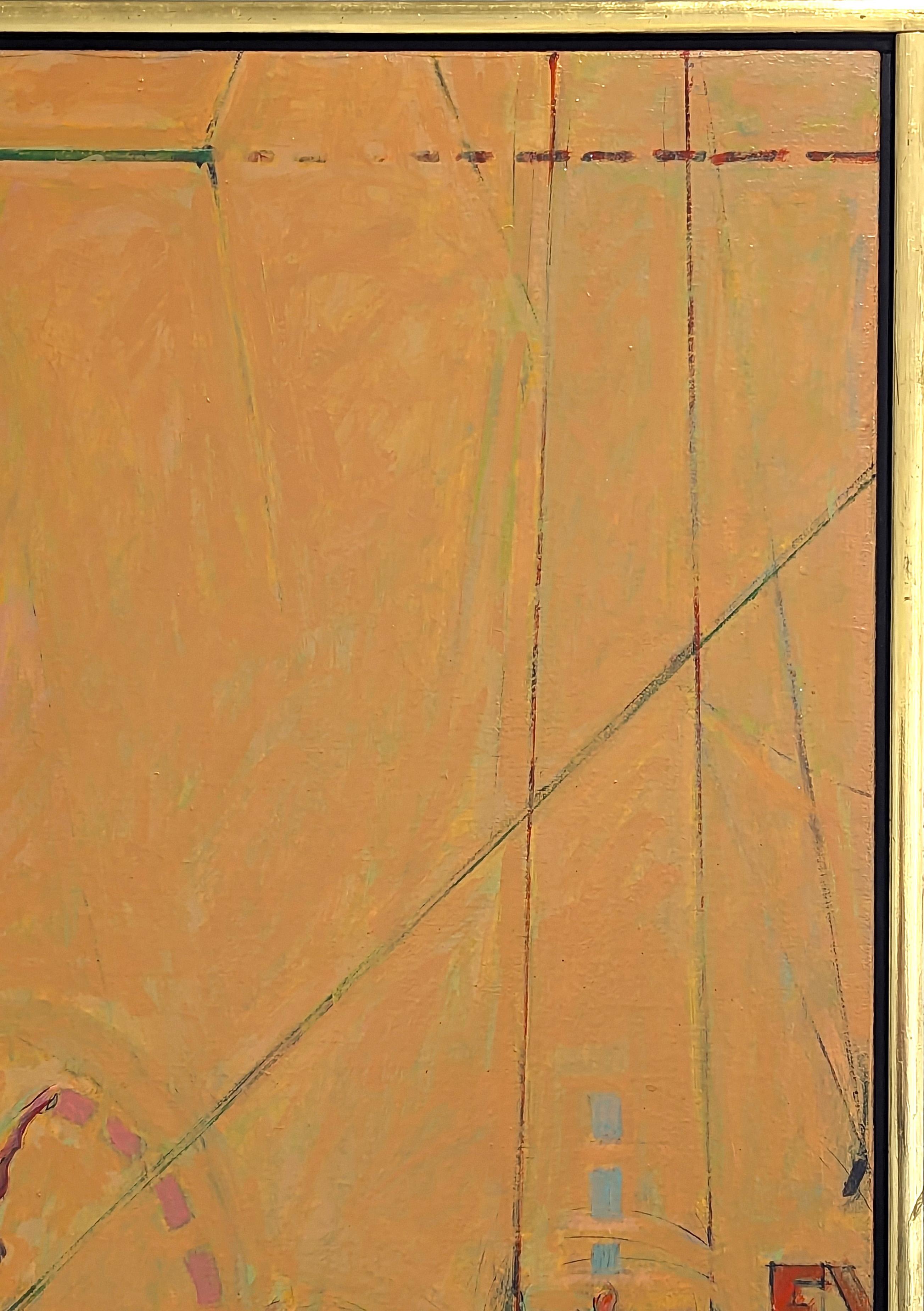 Modern pastel toned painting of gymnasts by Texas artist William Anzalone. The work features abstract renderings of athletes performing different skills on a variety of equipment. Signed in the front lower left corner. Currently hung in a gold