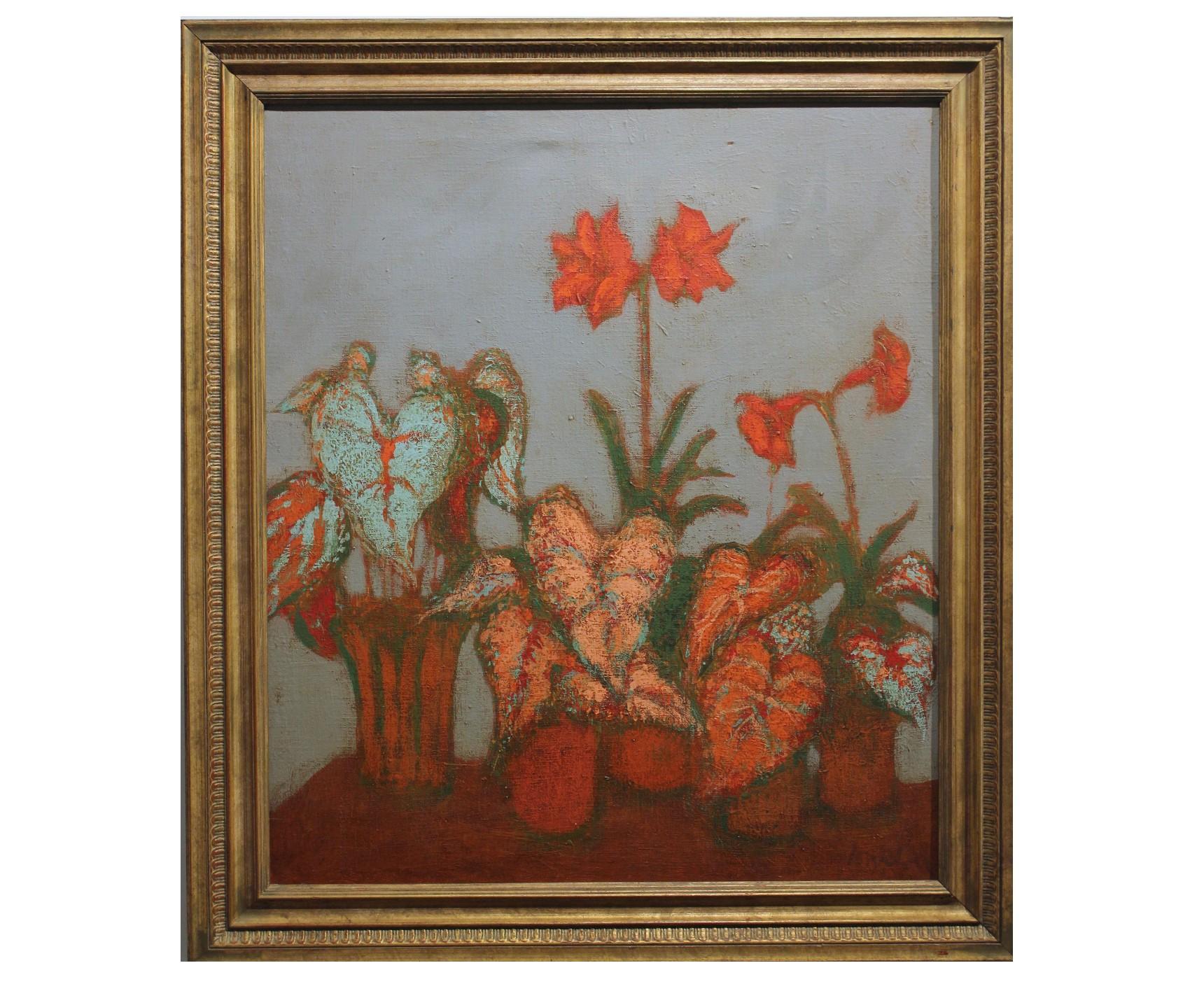 Still Life with Lilies and Colocasia Plants - Painting by William Anzalone