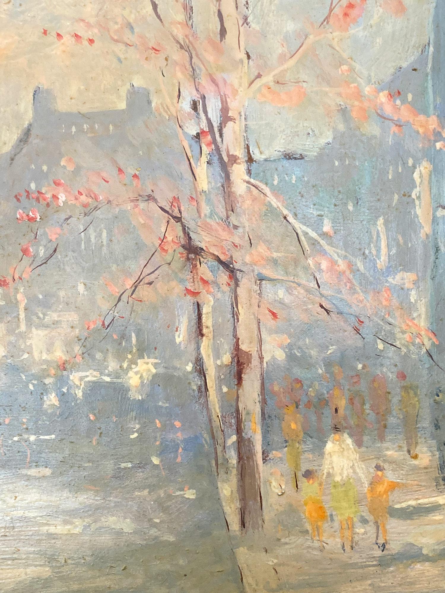 A charming depiction of the fall season in New York City by William Arnold Eyden Jr. on a busy street sight filled with life on a beautiful day in the breeze late afternoon with people walking alongside the streets of Paris. People are depicted
