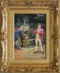 19th Century genre oil painting of gentleman & a maiden by a fountain