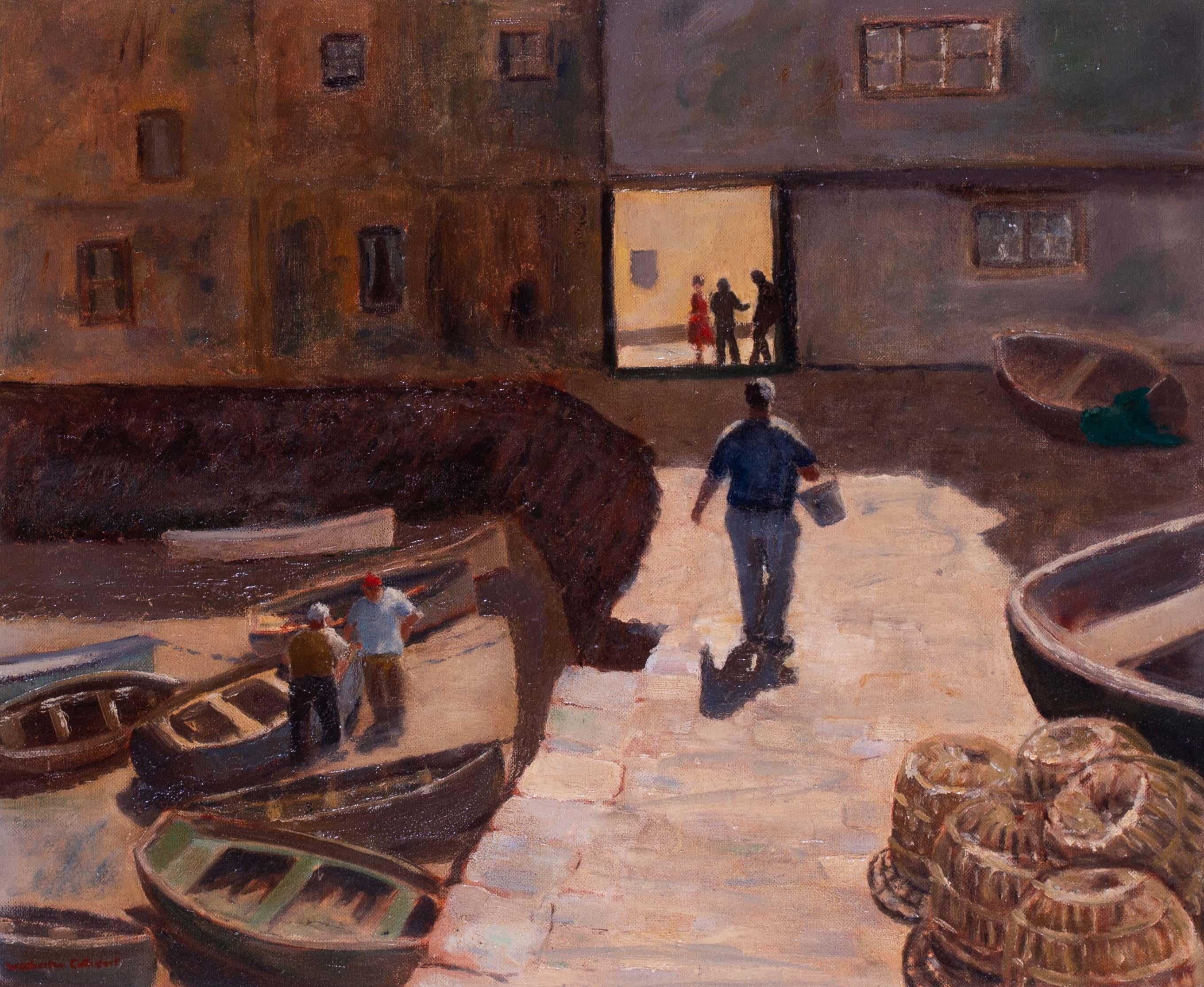 British 20th Century oil painting of fishermen on the docks of Falmouth, Cornwal - Painting by William Atherton Cathcart