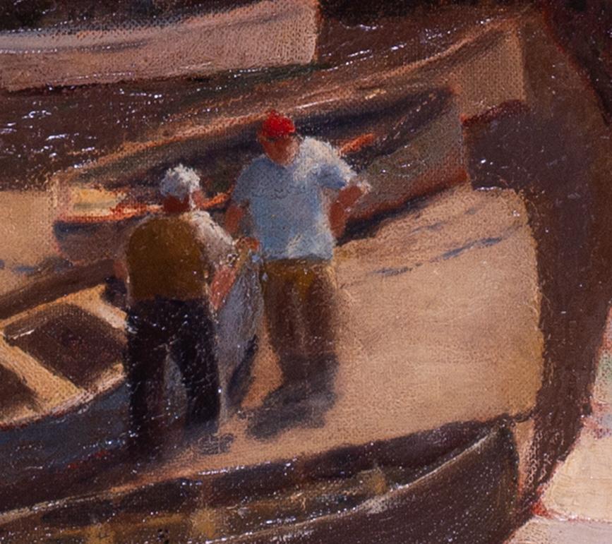 British 20th Century oil painting of fishermen on the docks of Falmouth, Cornwal - Modern Painting by William Atherton Cathcart