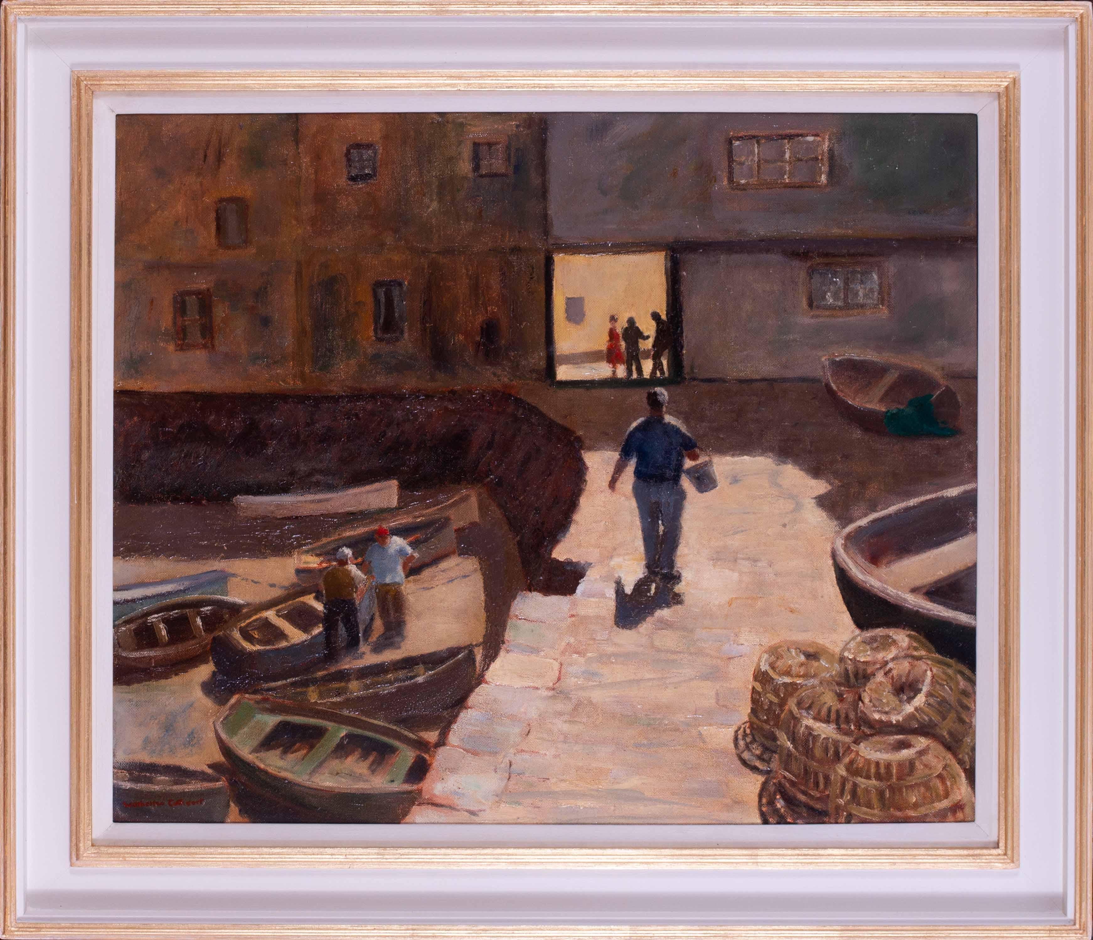 William Atherton Cathcart Figurative Painting - British 20th Century oil painting of fishermen on the docks of Falmouth, Cornwal