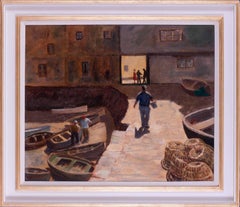 Peinture à l'huile britannique du 20e siècle représentant des pêcheurs sur les docks de Falmouth, Cornwal