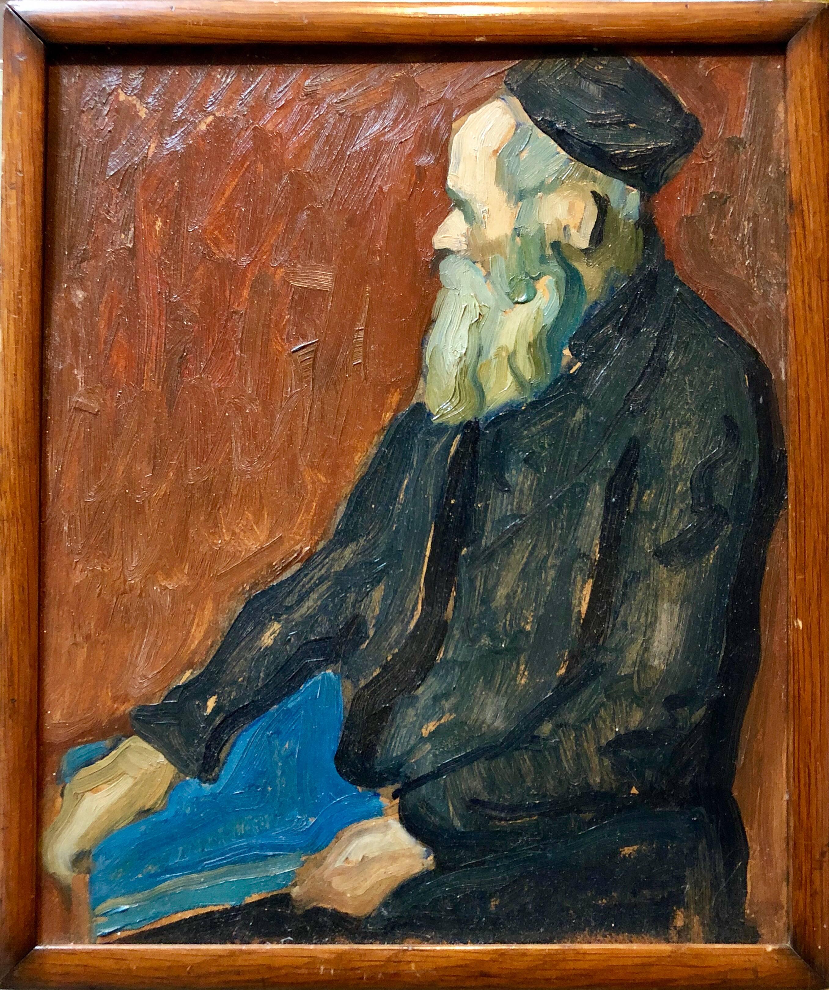 William Auerbach-Levy Portrait Painting - Impressionist Rabbi Oil Painting Judaica 
