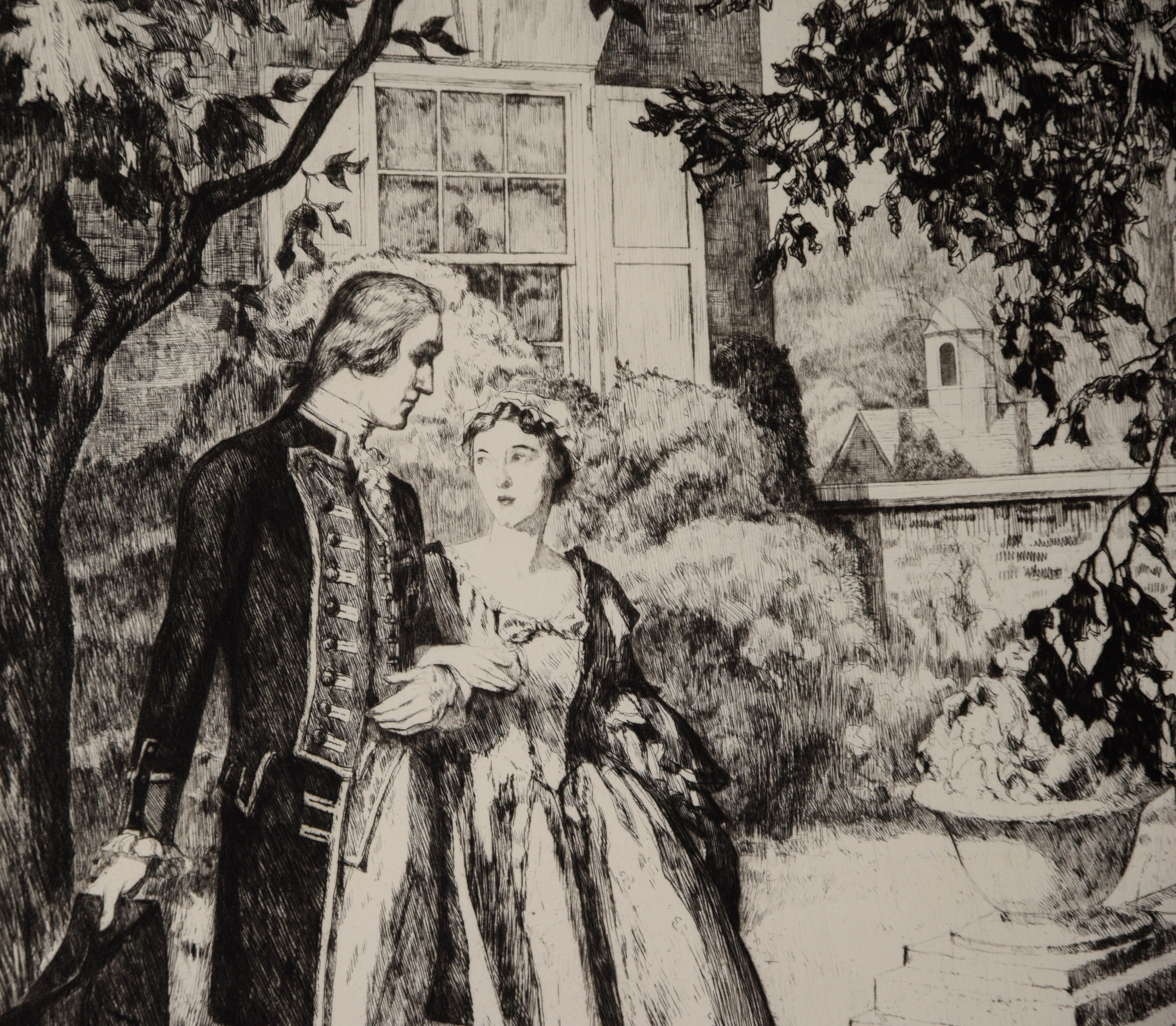El cortejo de Washington - 1932 Aguafuerte sobre papel

Grabado en blanco y negro de 1932 que representa a George y Martha Washington, obra de William Auerbach-Levy (ruso, 1889-1964). Titulado 