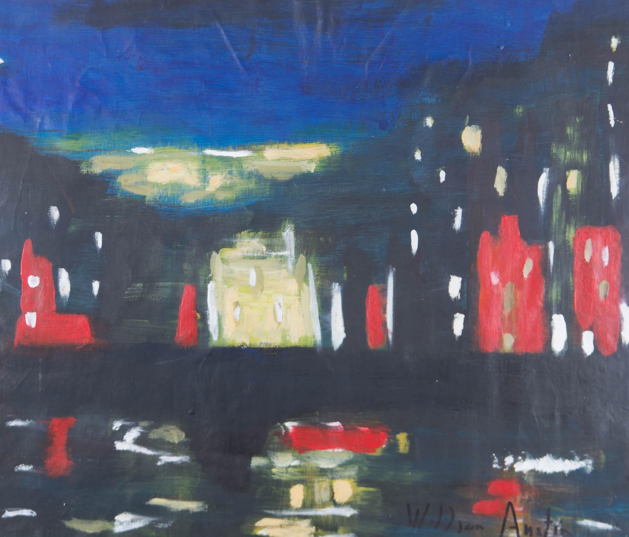 William Austin (nato nel 1940) - Olio contemporaneo incorniciato, scena notturna astratta in vendita 1
