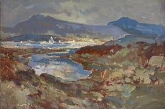 Pintura al Óleo Antigua Fina Impresionista Británica Ensenada Costera de las Tierras Altas Escocesas