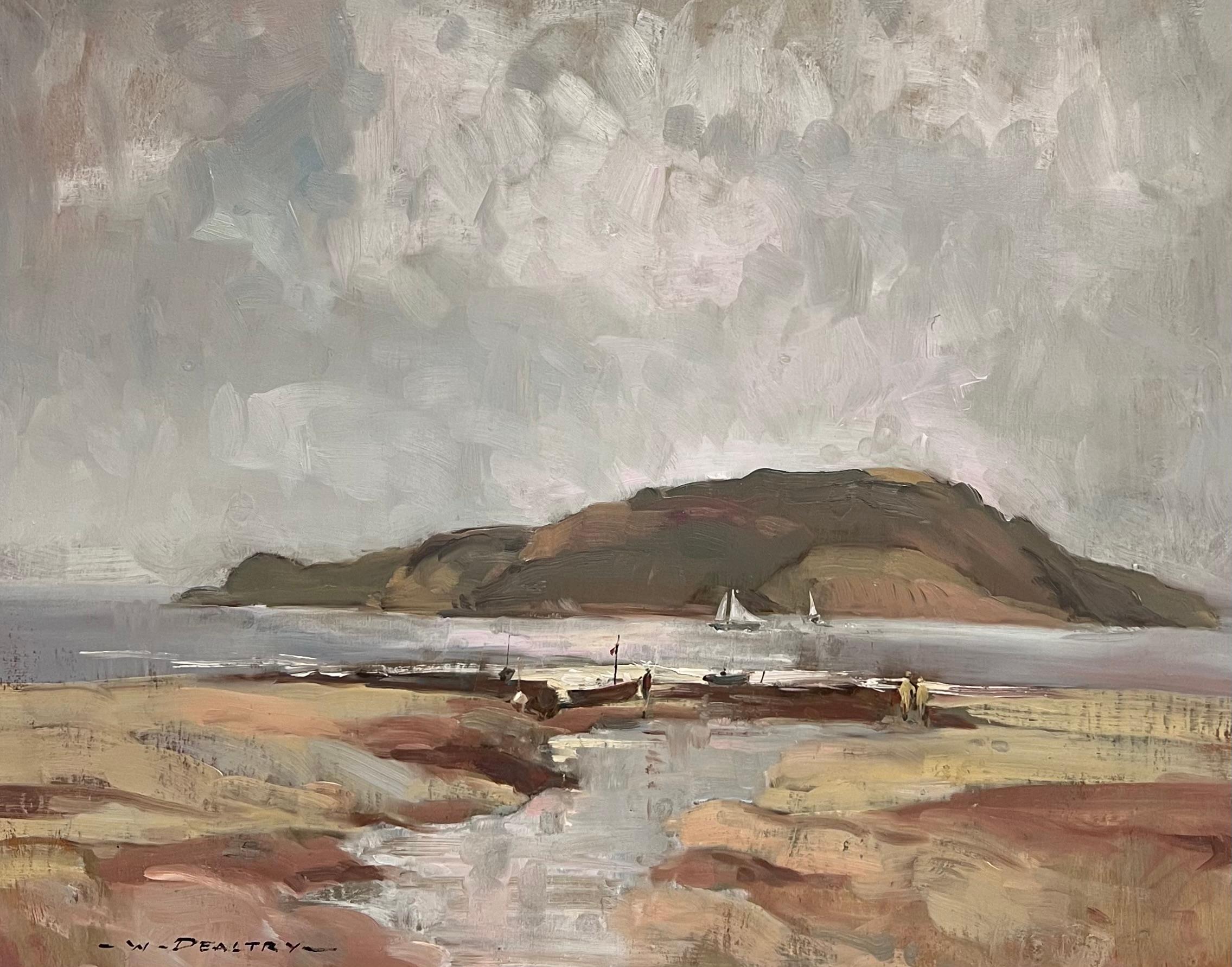 Fine British Impressionist Antique Oil Painting Scottish Island Coastal Boats - Brown Landscape Painting by William B Dealtry