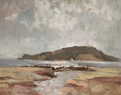 Pintura al Óleo Antigua Fina Impresionista Británica Barcos Costeros de Islas Escocesas