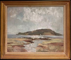 Fine British Impressionist Antique Oil Painting Scottish Island Coastal Boats