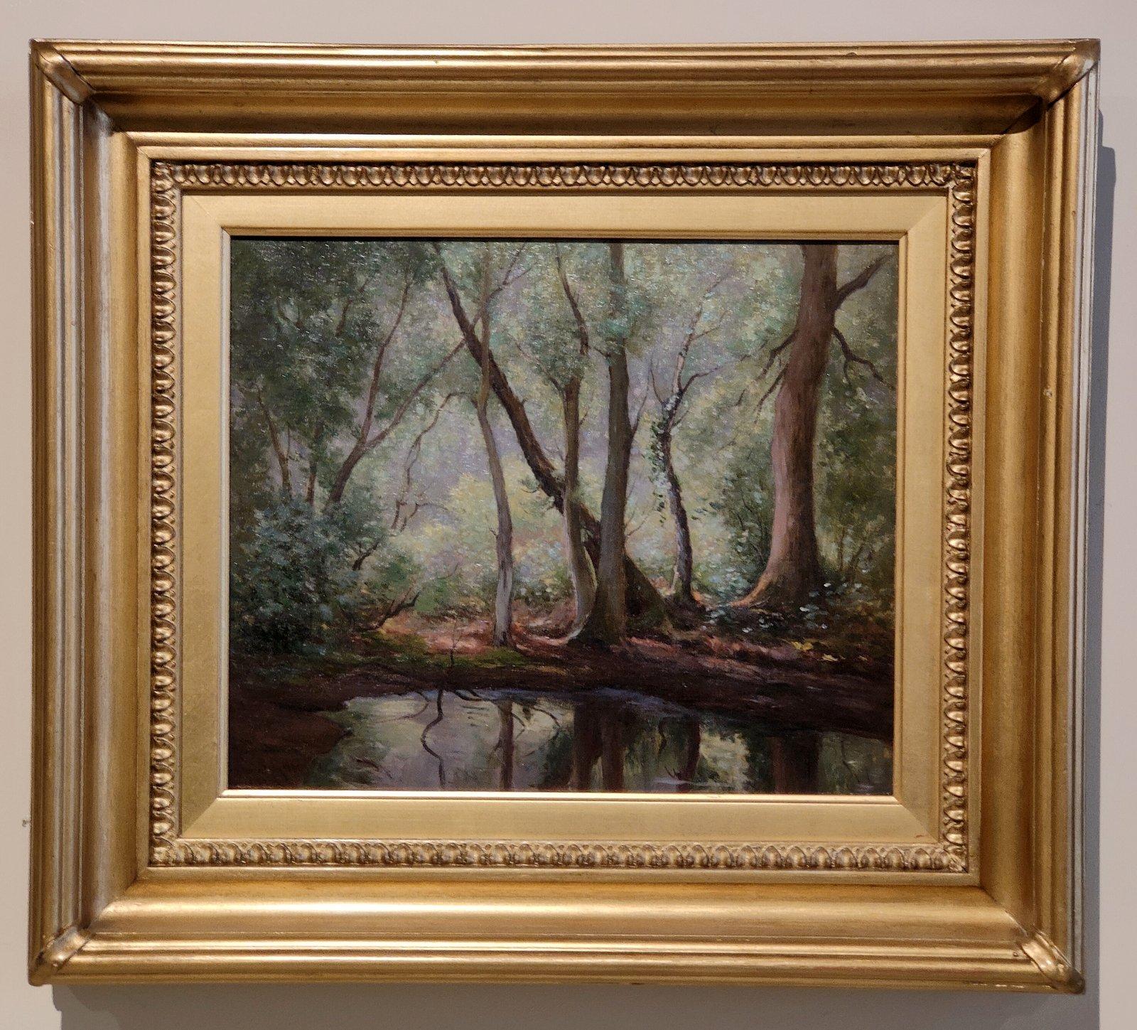Oil Painting by William B Rowe "The Woodland Pool" 1854 -1933 Provincial painter of a rural English landscapes on a scale. Oil on canvas. Signed and dated 1912. Fine original frame.

Dimensions unframed:
height 10" x width 12"
Dimensions framed 16"