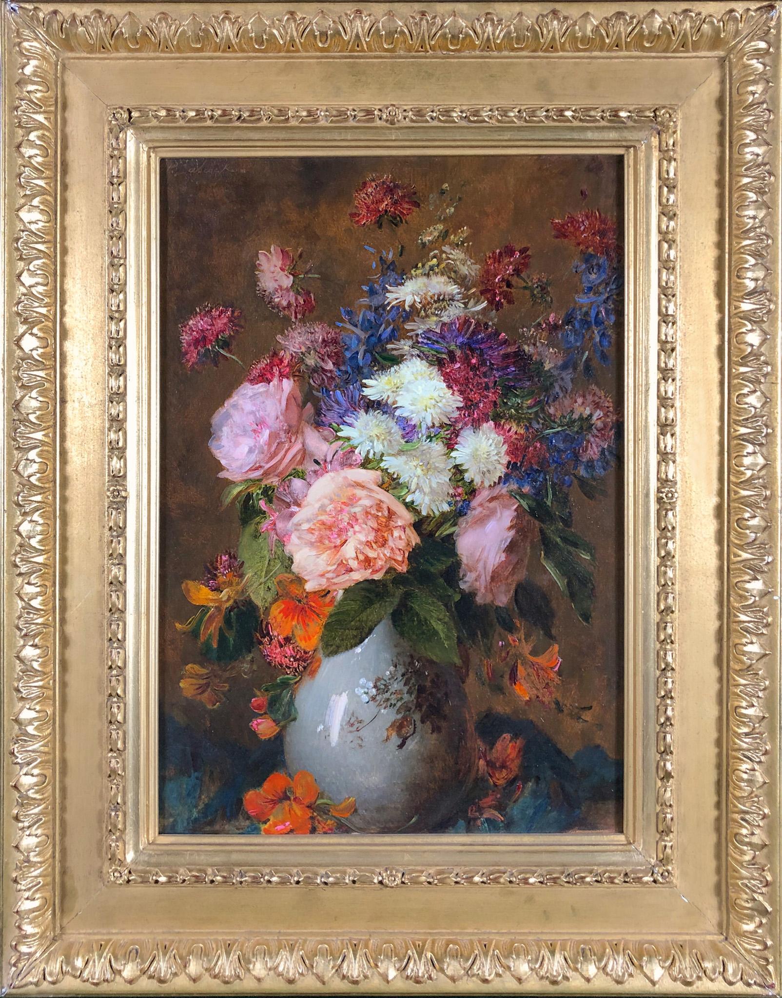 Roses et chrysanthèmes dans un vase - Painting de William Babcock